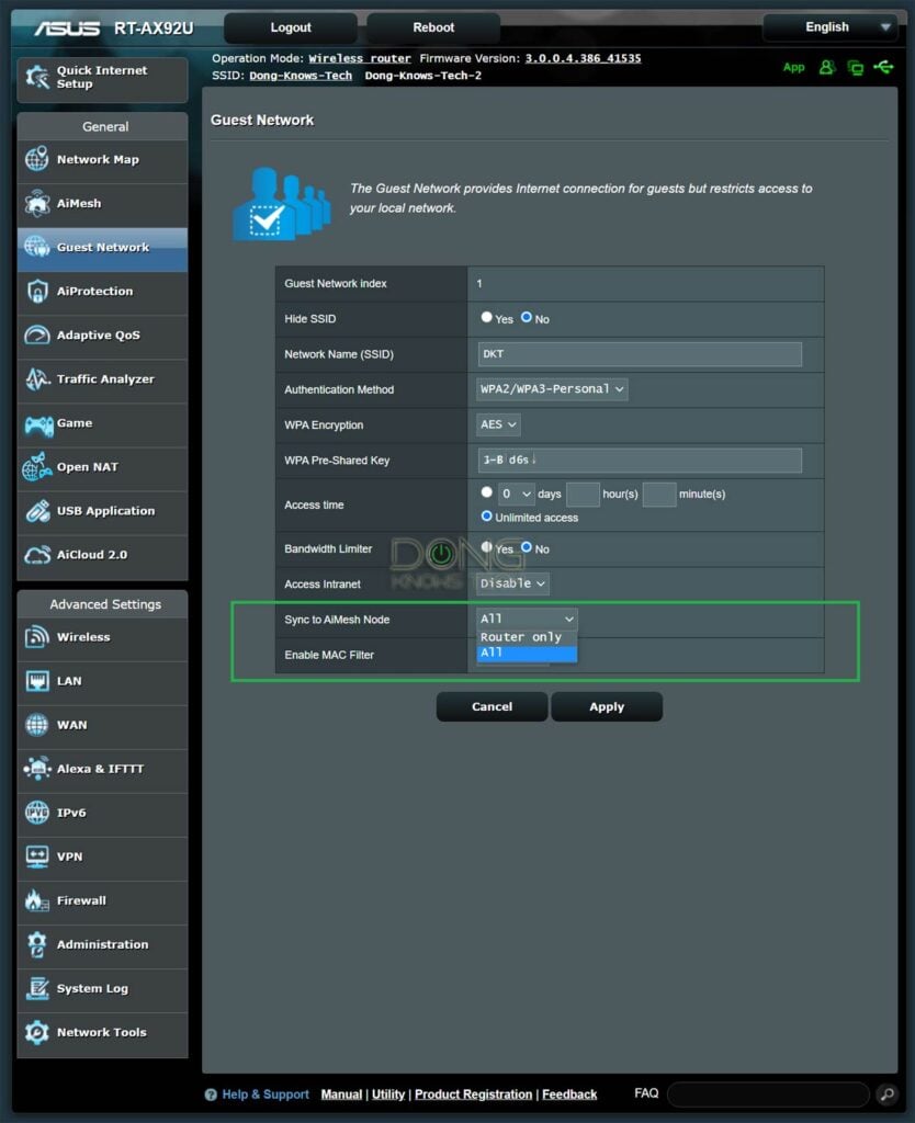 Aimesh 2 0 RT-AX92U Guest network