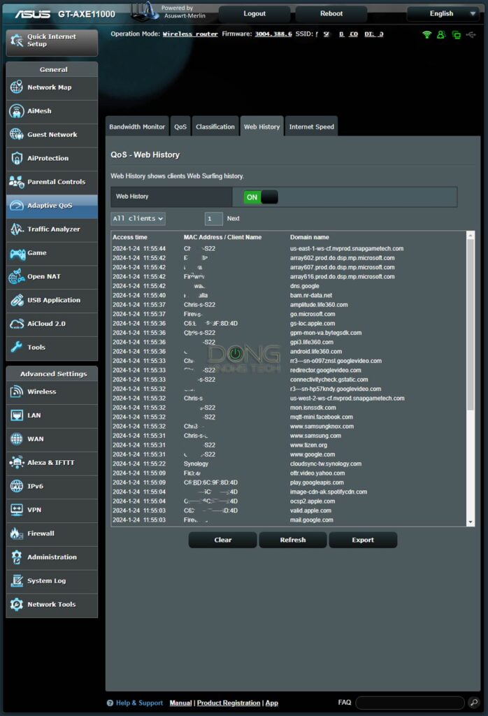 An Asus Router Web History page