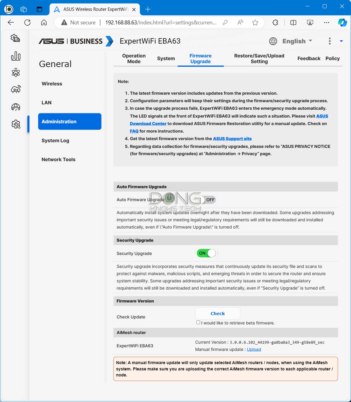 Asus ExpertWiFi EBA63 Web User Interface firmware update