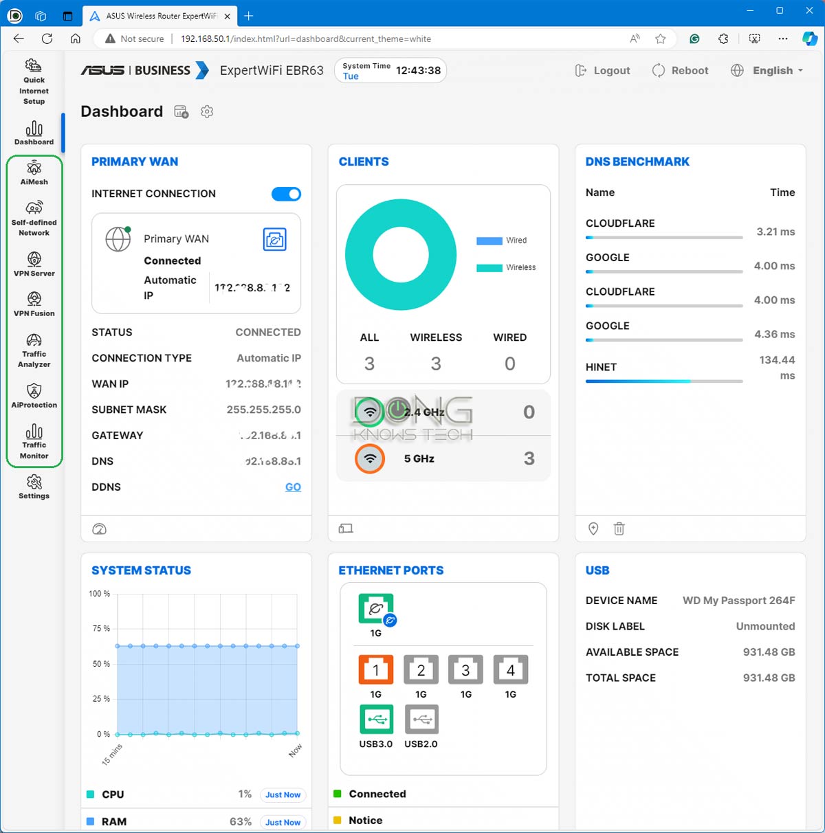 ASUS ExpertWiFi EBR63 Web User Interface Dashboard