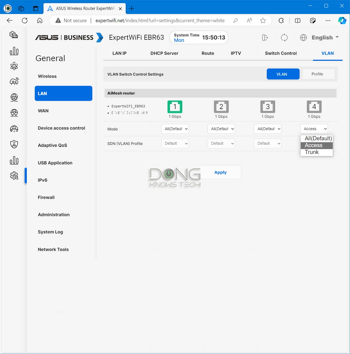 ASUS ExpertWiFi EBR63 Web User Interface VLAN