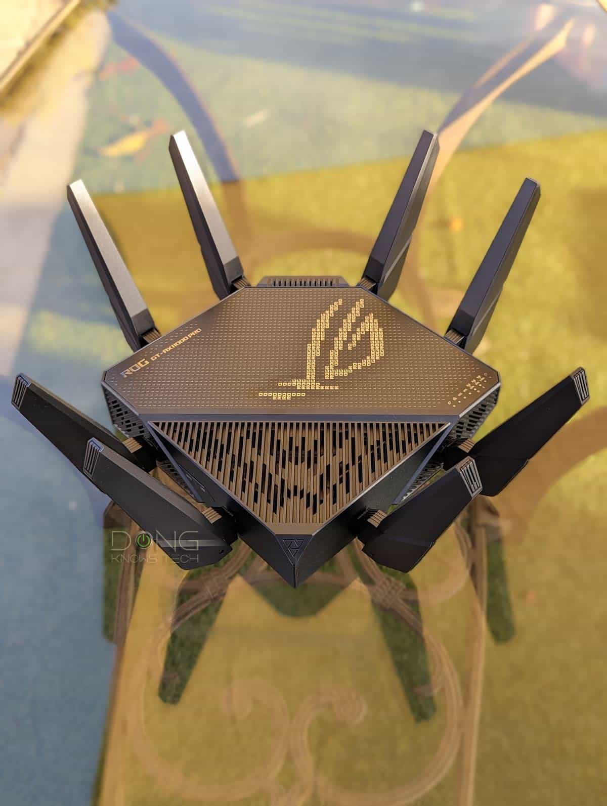 The Asus GT-AX11000 Pro has eight external antennas that only open about 30 degrees outward, but you can swivel them around 360 degrees.