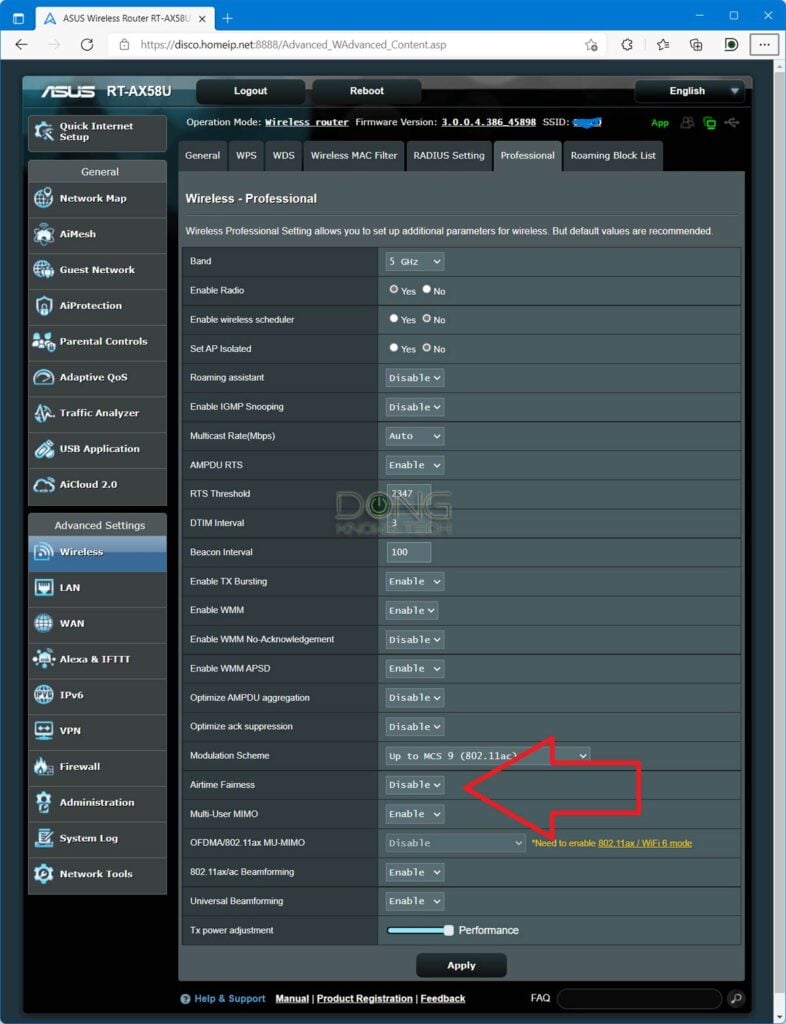 The Airtime Fairness setting of an Asus router.