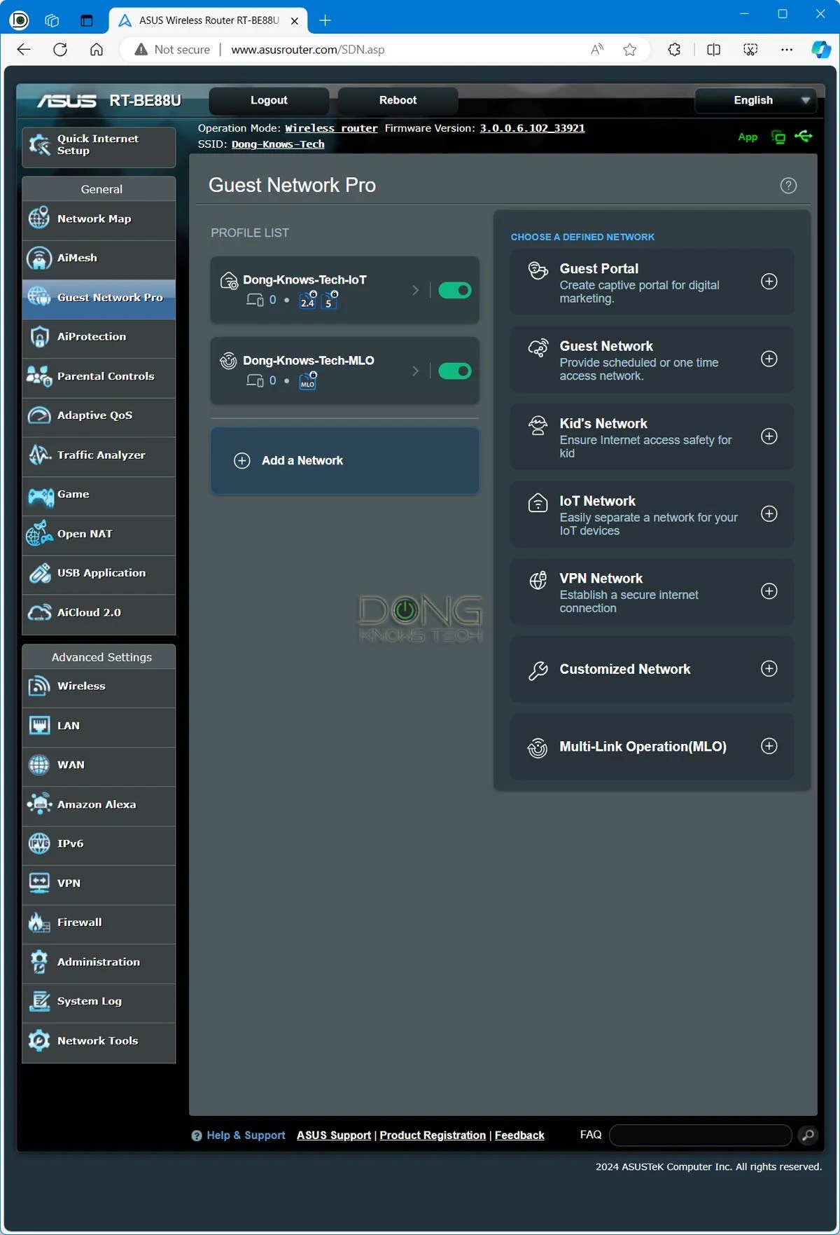 Asus RT-BE88U Web User Interface Guest Network Pro