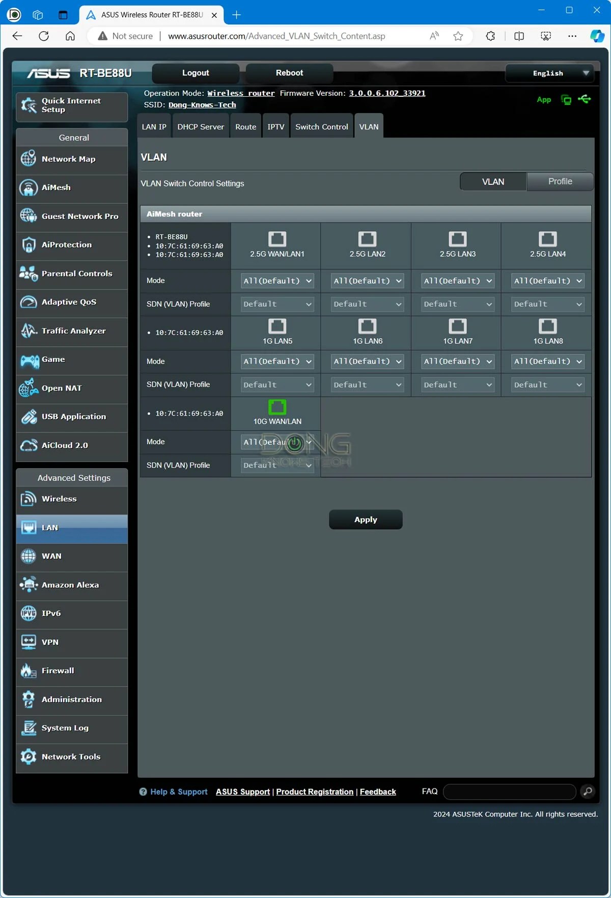 Asus RT-BE88U Web User Interface VLAN