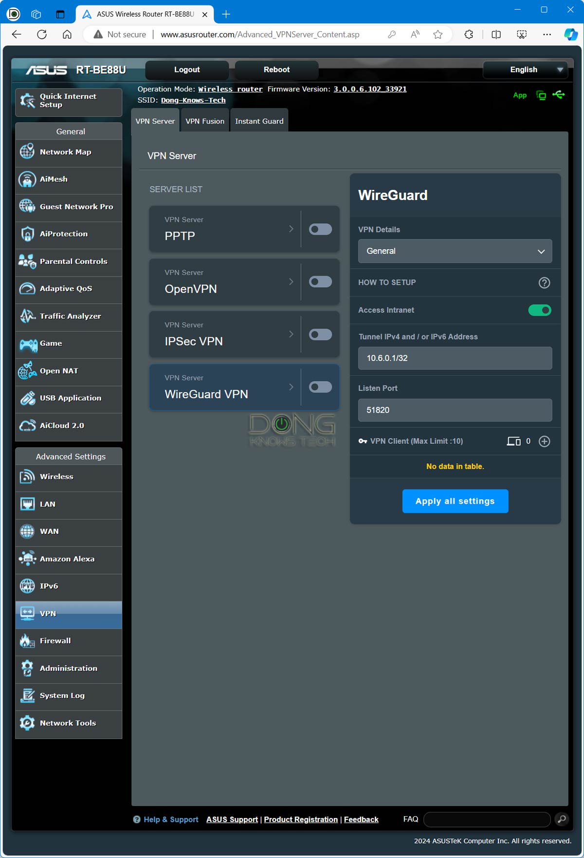 Asus RT-BE88U Web User Interface VPN