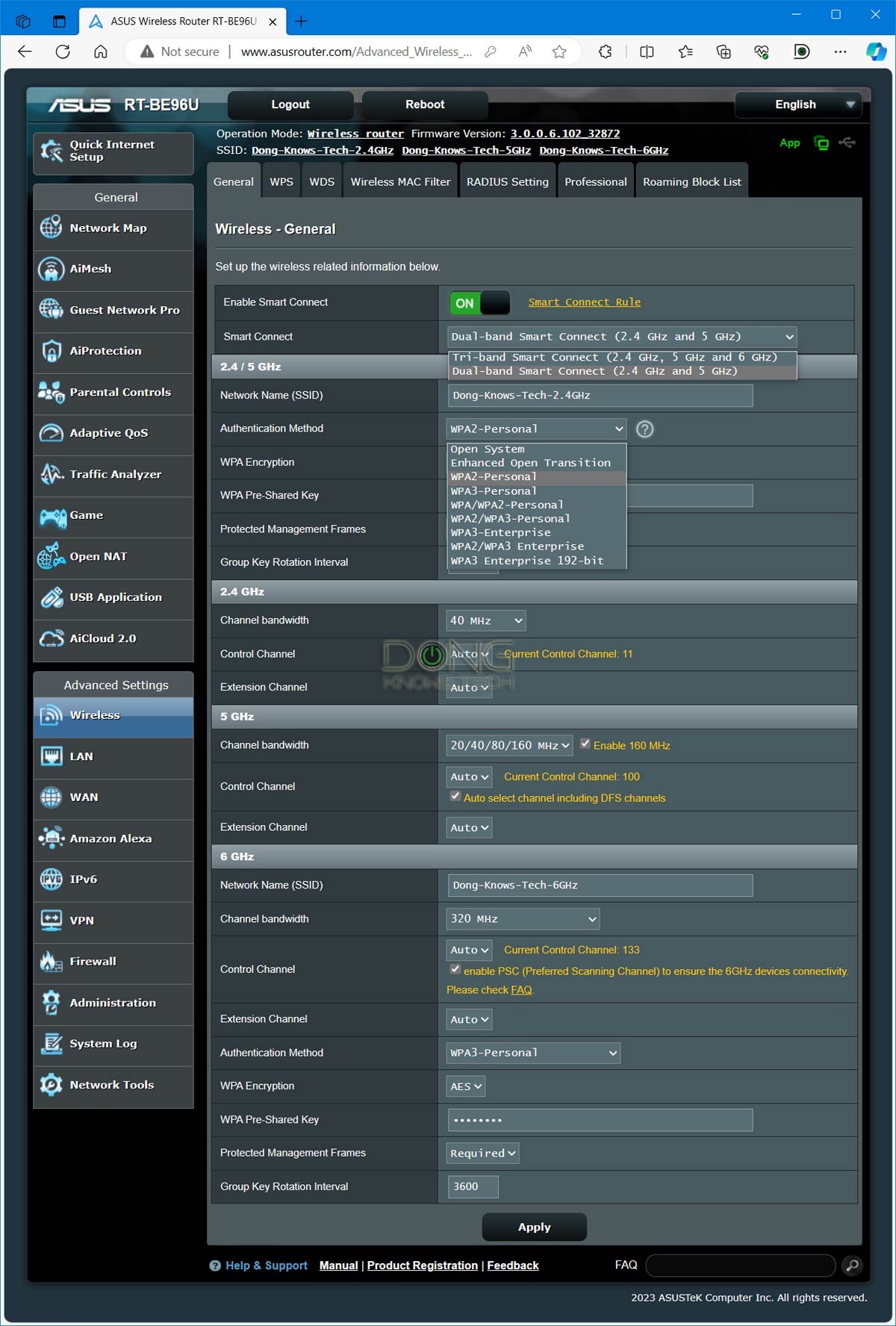 Asus RT-BE96U Wi-Fi Settings