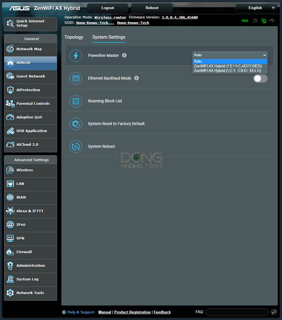 Asus ZenWiFi AX Hybrid XP4 Powerline Master Web Interface