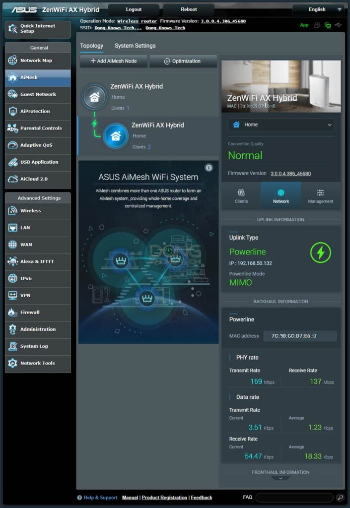 Asus ZenWiFi AX Hybrid XP4 Powerline Web Interface