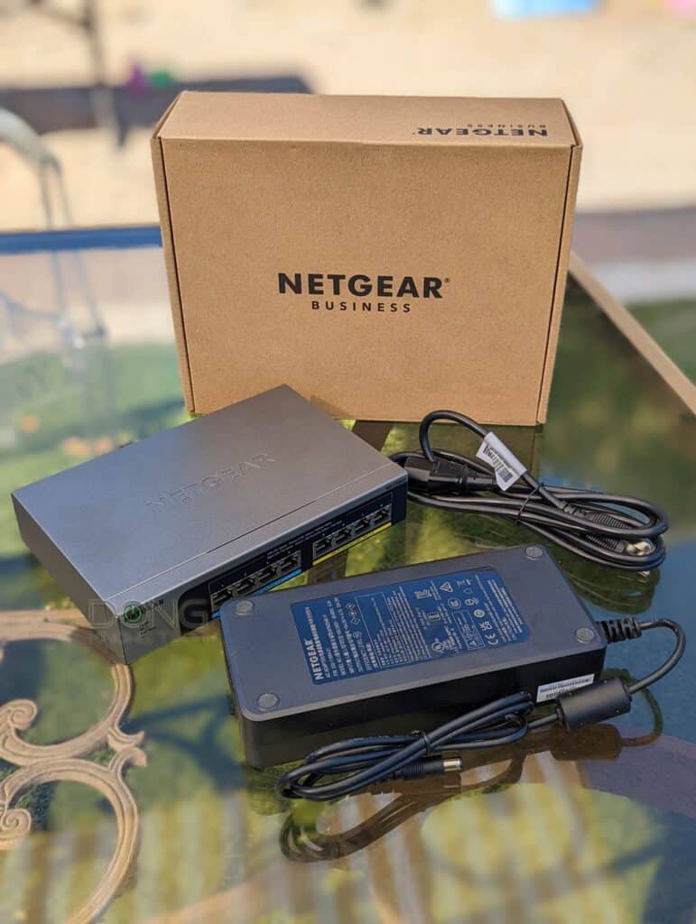 The Netgear MS108UP 8 port Multi-Gigabit 2.5G Ultra60 PoE Ethernet Plus Switch comes with a gigantic power supply.