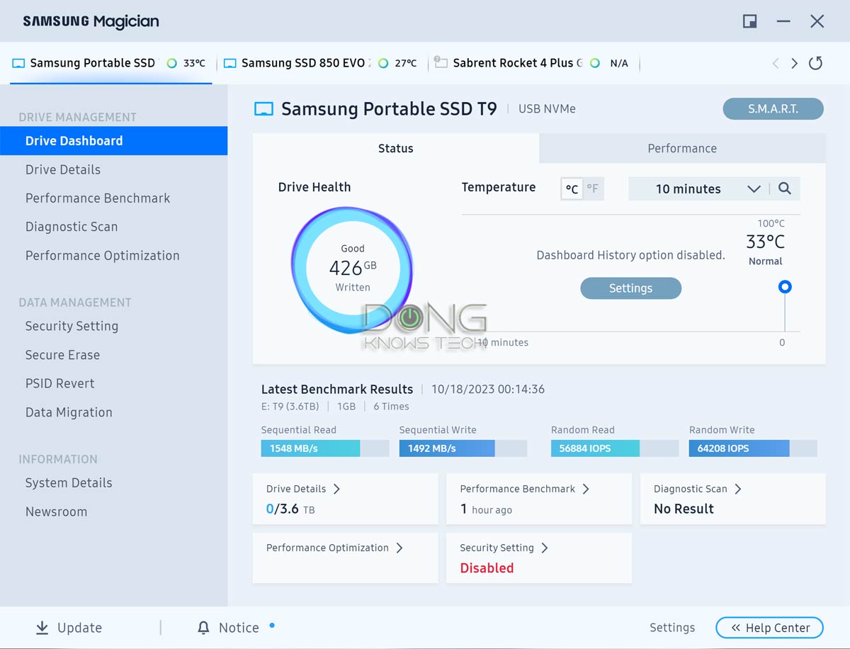 Samsung Magician Dashboard of the T9