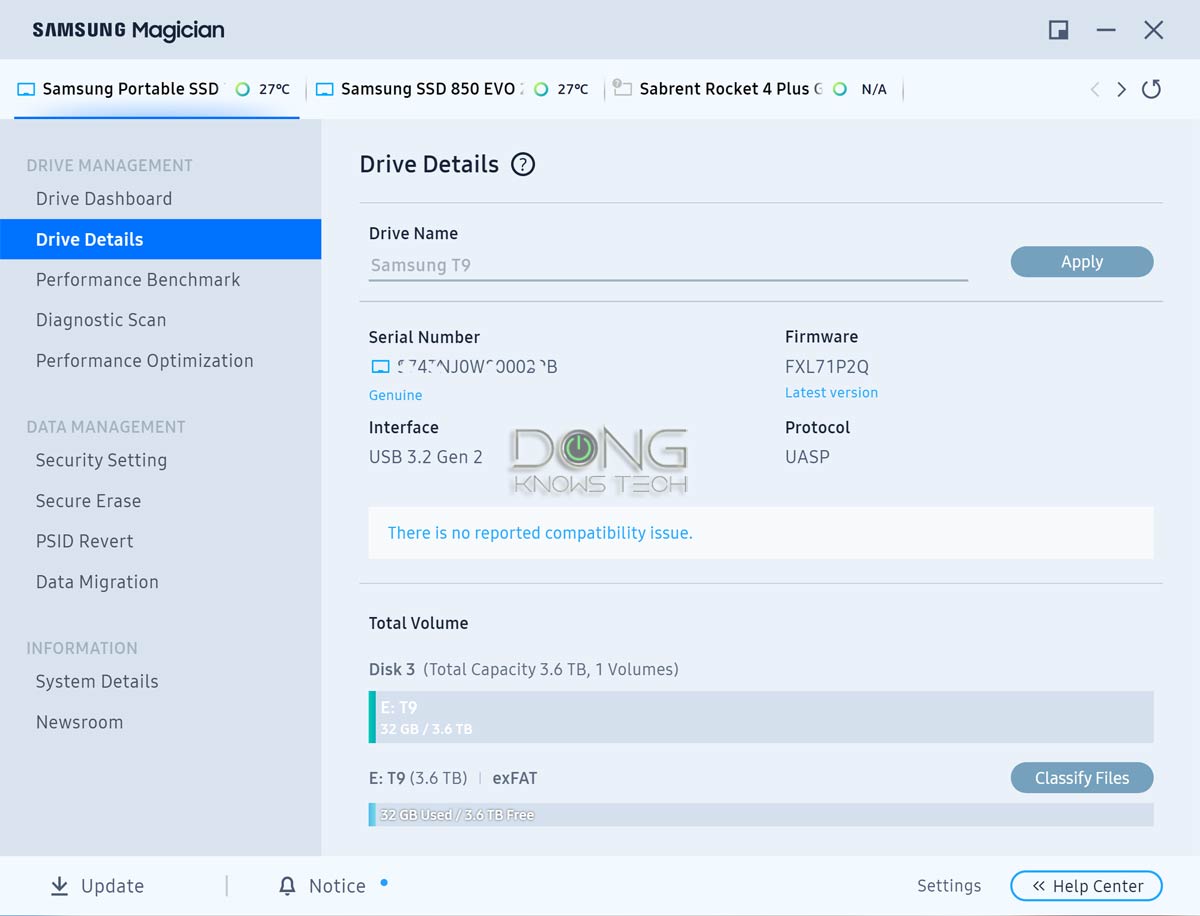 Samsung Magician Drive Details of the T9