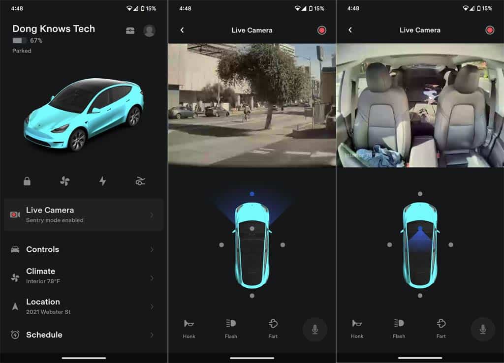 Tesla Sentry Live View Front and In Cabin