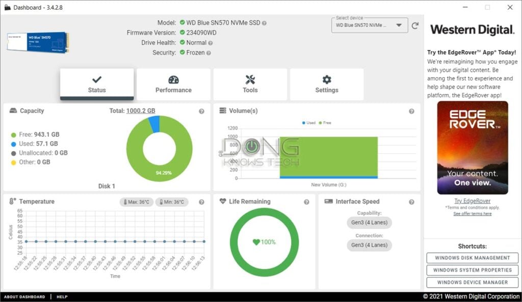 The Dashboard of the WD Blue SN570 NVMe SSD