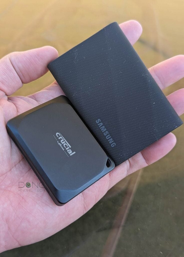 The Samsung T9 Portable SSD is significantly larger than the Crucial X10 Pro