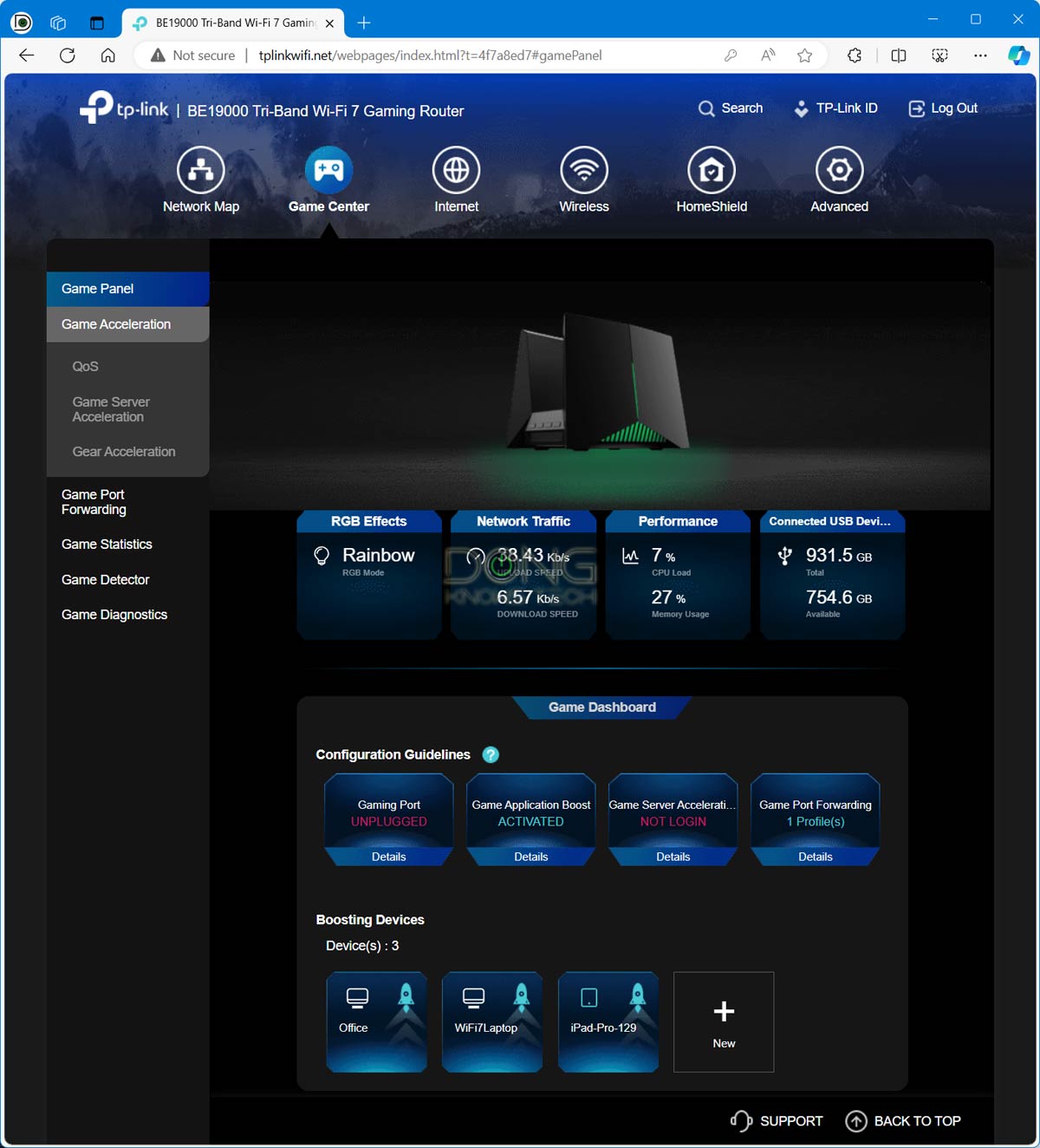 TP-Link Archer GE800 Game Dashboard