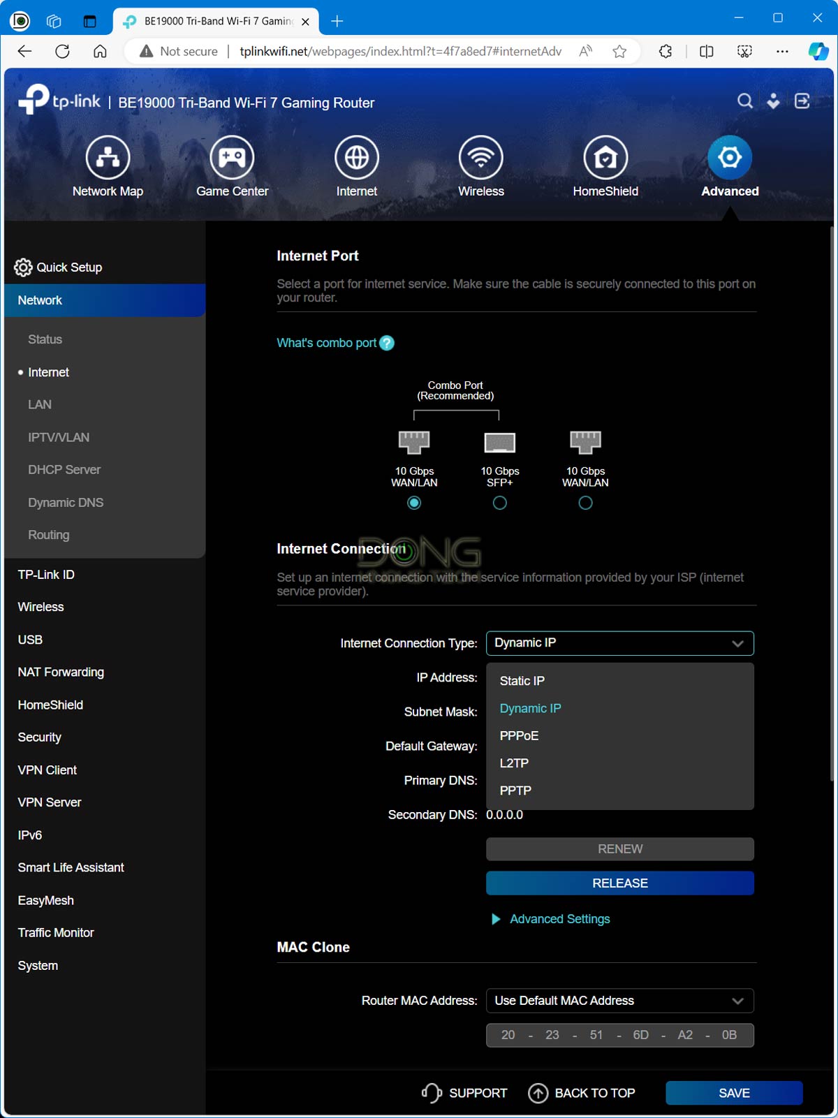 TP-Link Archer GE800 web interface