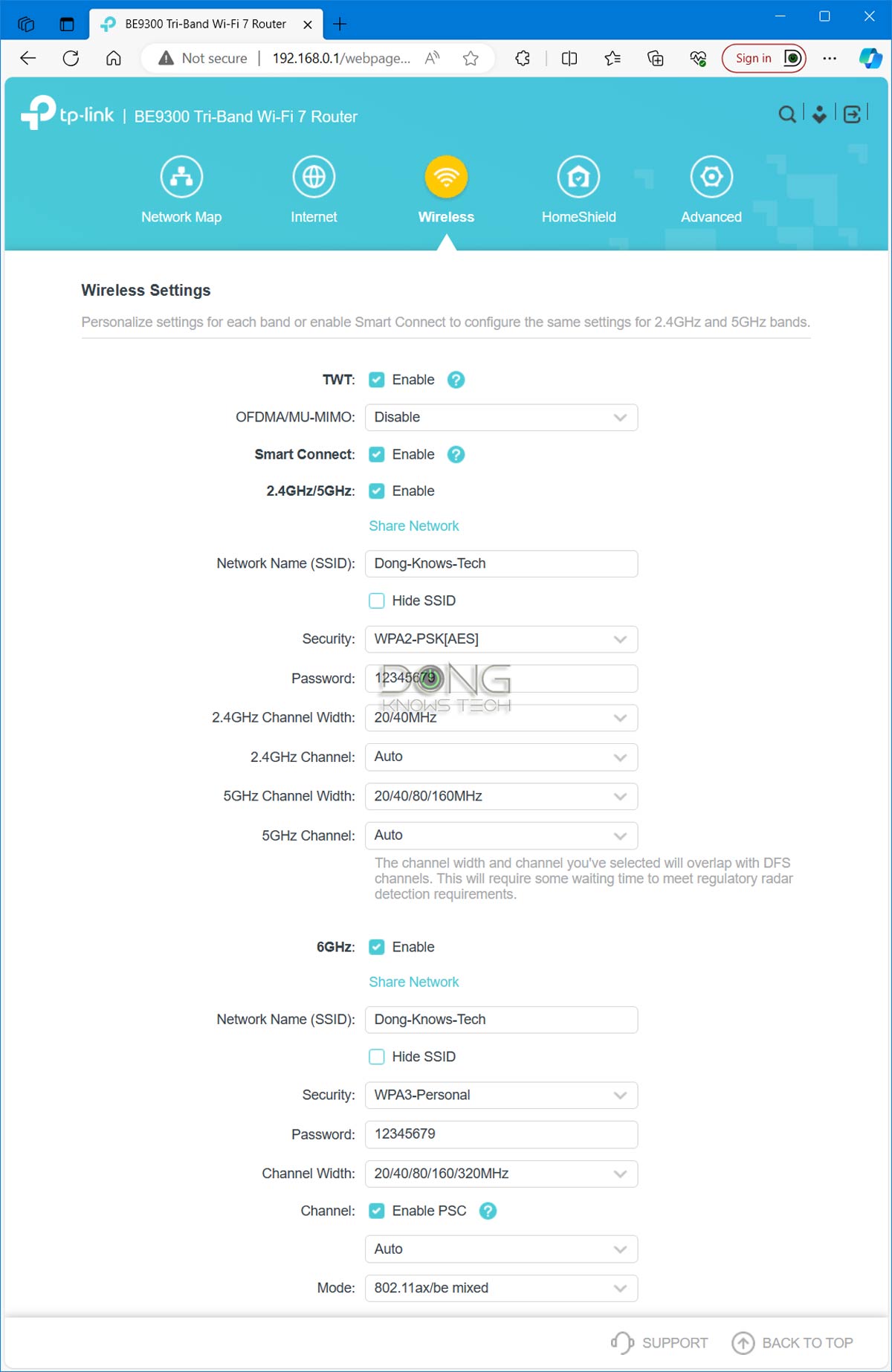 TP-Link BE9300 Archer BE550 Web Inteface Wi-Fi Settings