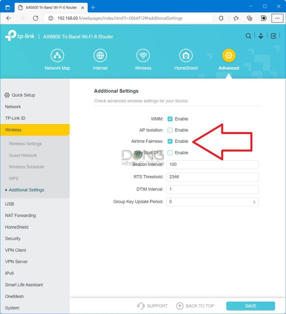 The Airtime Fairness setting of a TP-Link router.