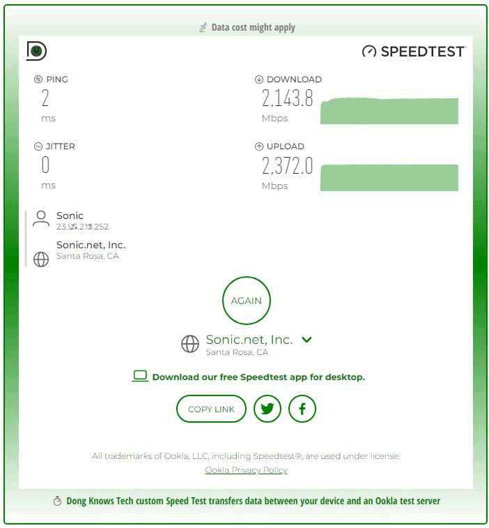 A typical Internet Speed Test result