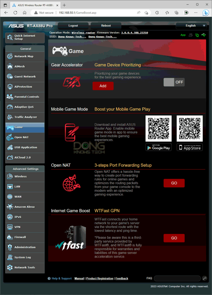 Asus RT-AX88U Pro Game Section