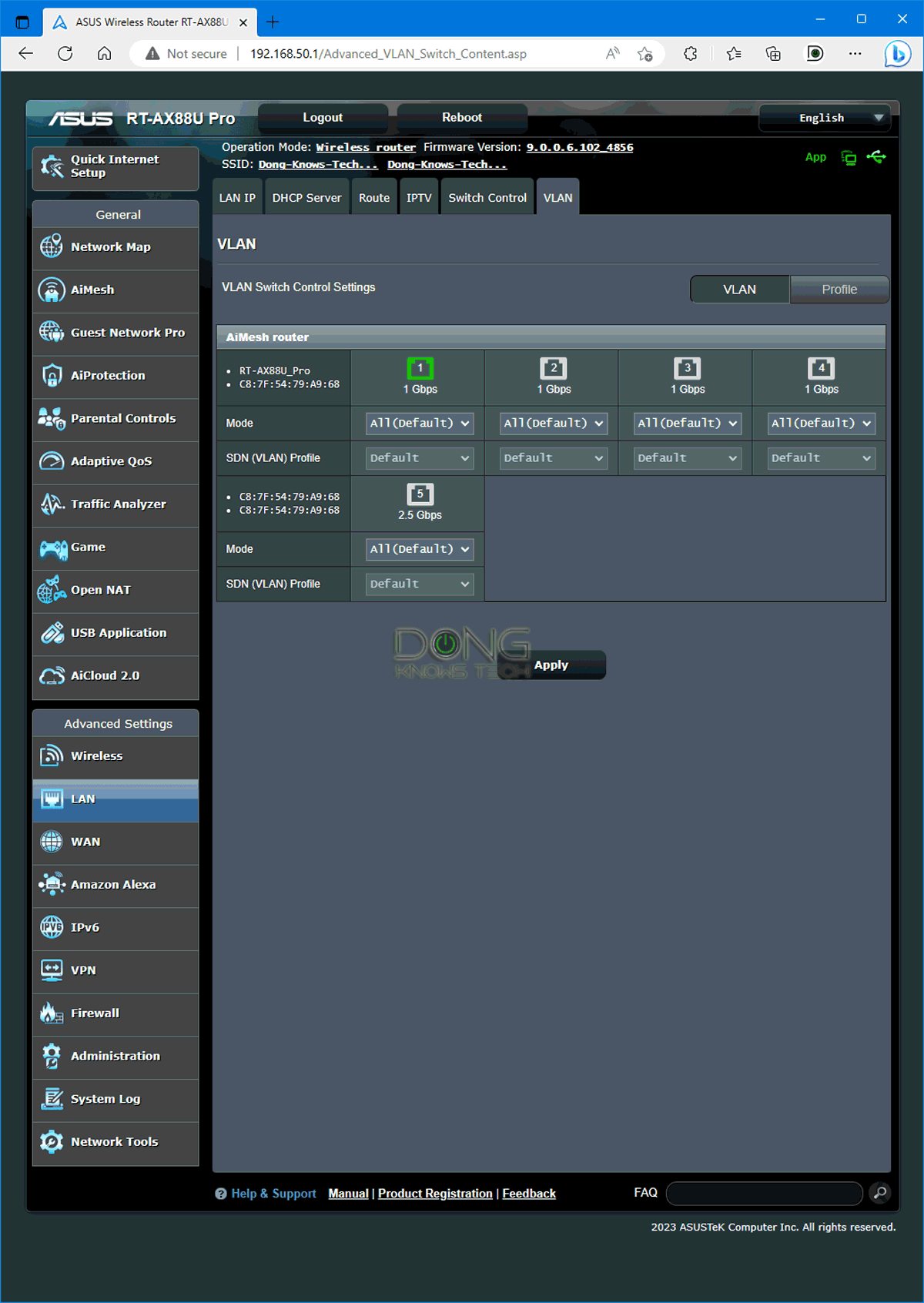 Asus RT-AX88U Pro VLAN Section