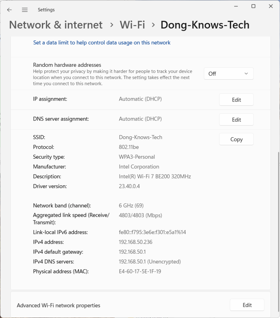 Asus ZenWiFi BQ16 Pro MLO connection from an Intel BE200 client