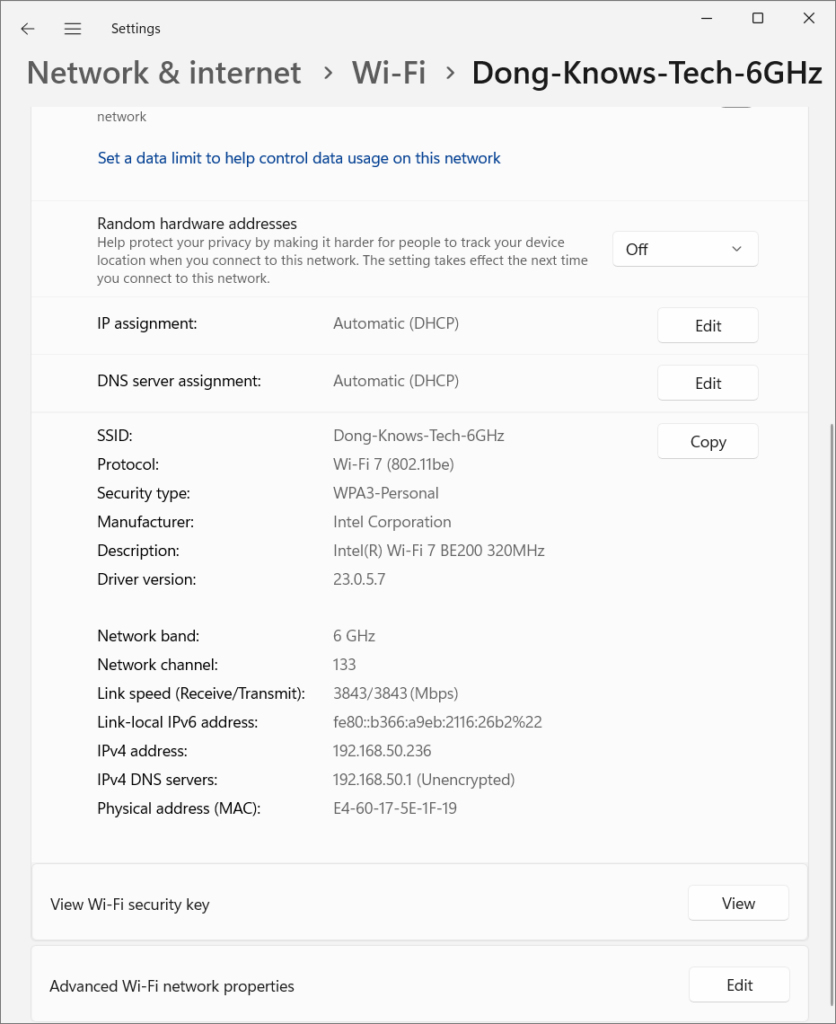 Here's the Intel BE200's status page when connected to the Asus RT-BE96U