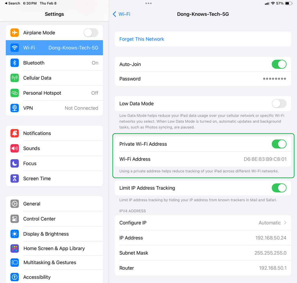 iPad uses Private MAC Address as default