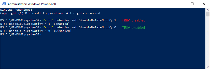 The command to disable and enable TRIM on a Windows computer.